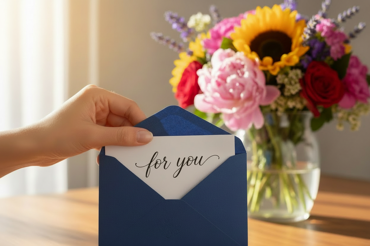 write "for you" on the card in the envelope in a handwritten script